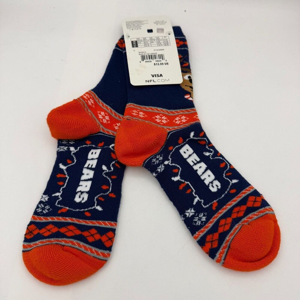 Chicago Bears NFL Holiday Crew Socks NWT Reindeer Christmas Blue Orange Large